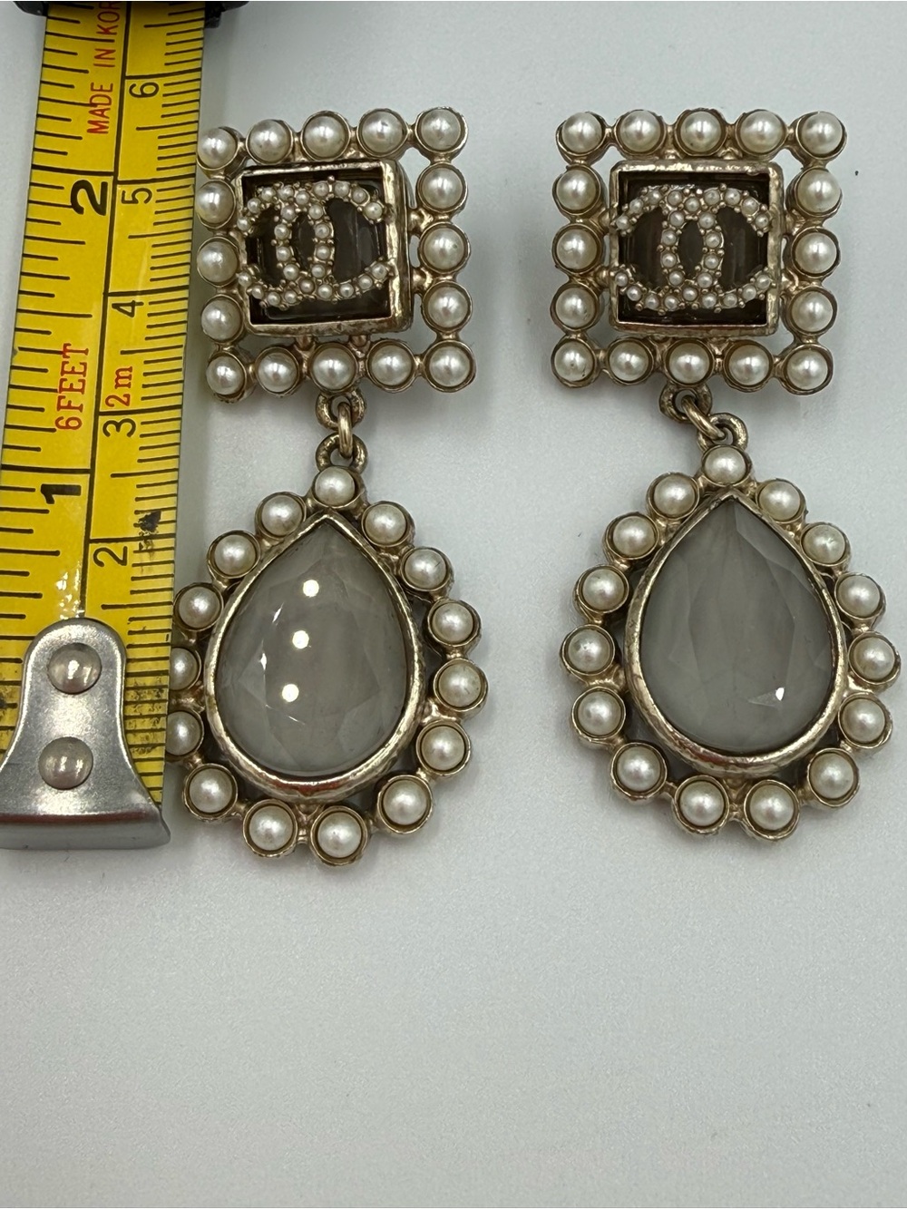 CHANEL Cream Pearl Drop Pierced Earrings with Gray Teardrop Stones
